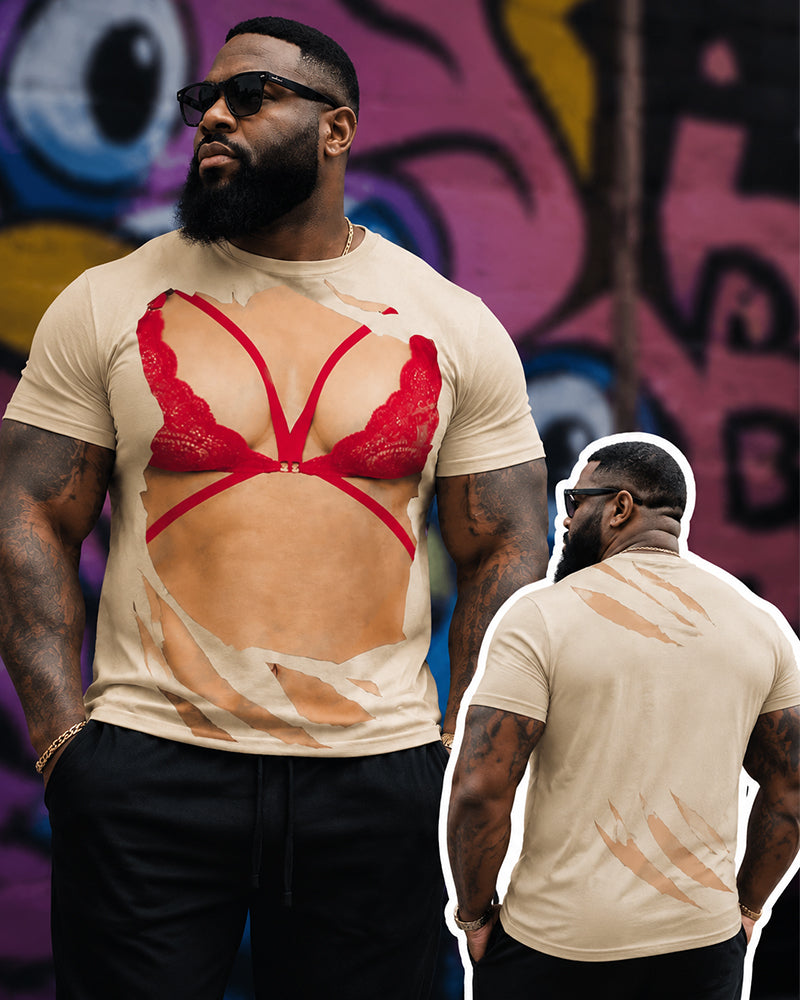 Big & Tall Men's Red Lace Underwear Tear 3D Fun Printed Round Neck Short Sleeve T-Shirt