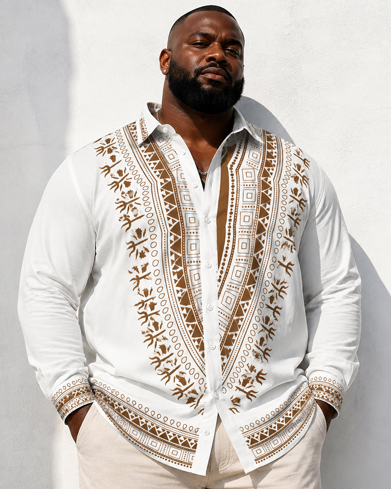Big & Tall Men's Brown African Ethnic Geometric Print Long Sleeve Shirt