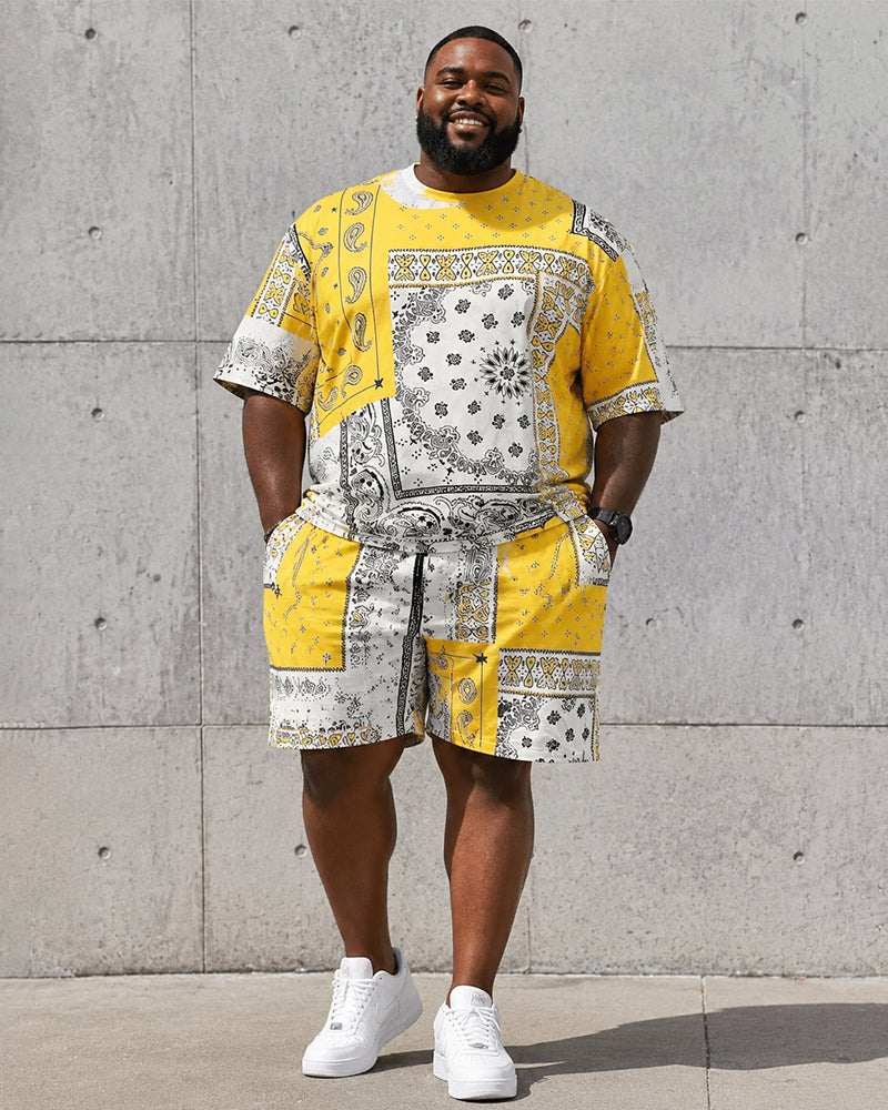 Big & Tall Men's Yellow And White Stitching Paisley Printed Crew Neck Short Sleeve T-shirt Shorts Set
