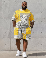 Big & Tall Men's Yellow And White Stitching Paisley Printed Crew Neck Short Sleeve T-shirt Shorts Set