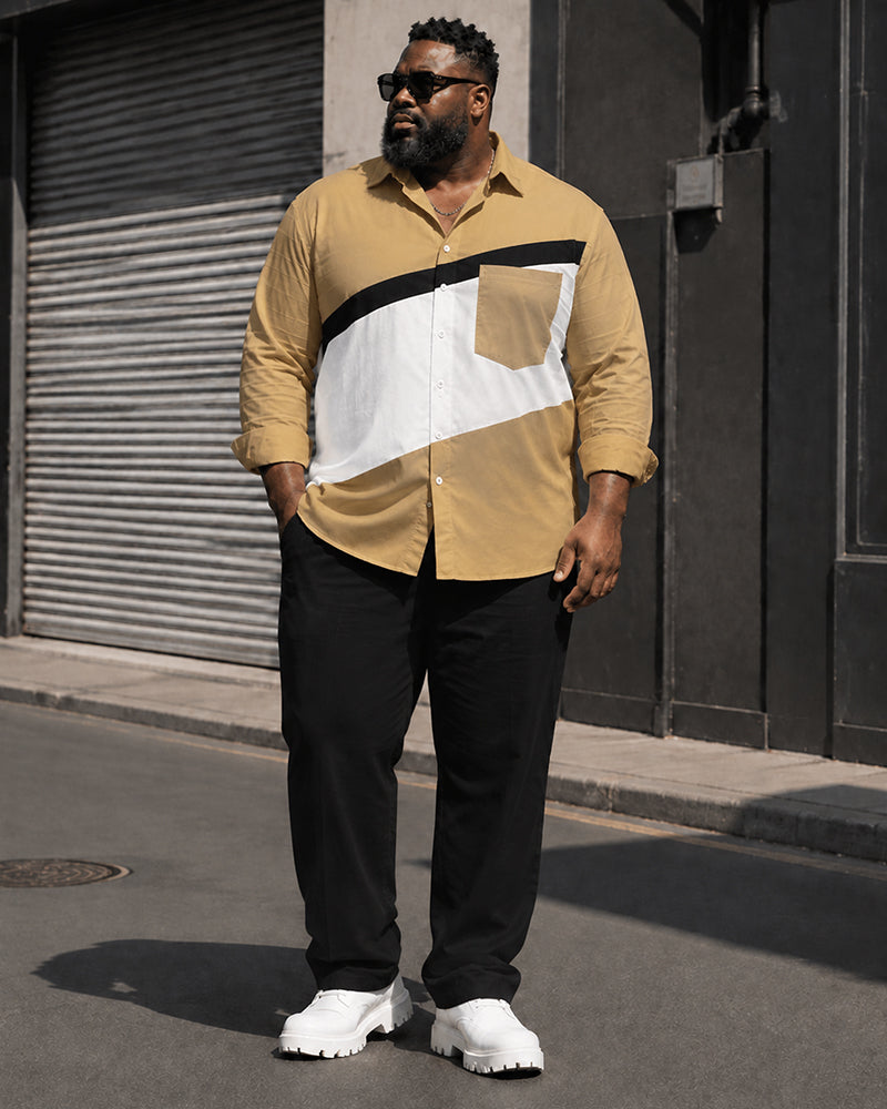 Big & Tall Men's Khakis White And Black Stitching Pocket Long Sleeve Shirt Trousers Set