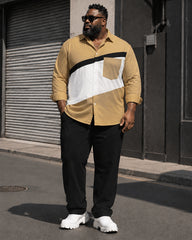 Big & Tall Men's Khakis White And Black Stitching Pocket Long Sleeve Shirt Trousers Set