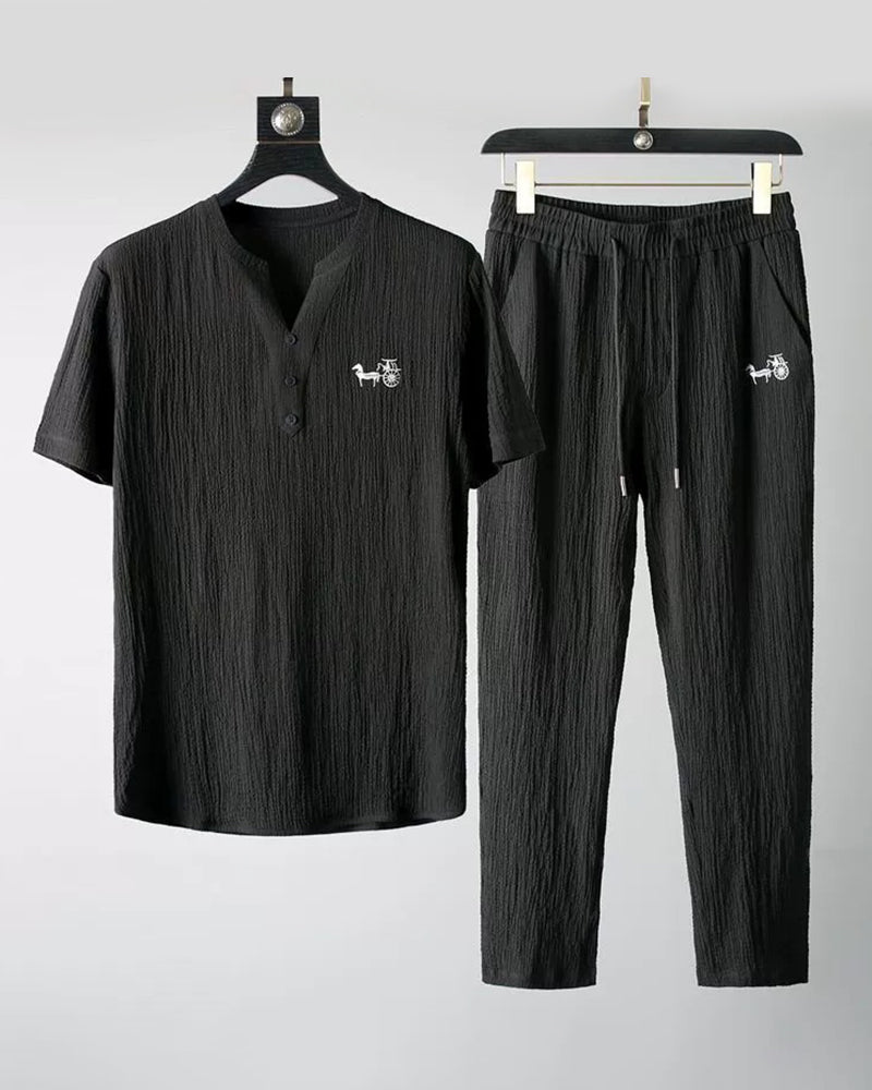 M-4XL Pleated Texture Henley Carriage Embroidered Short Sleeve Pants Set