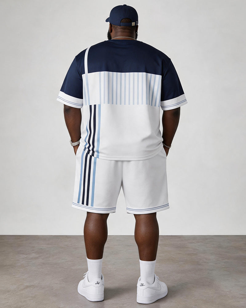 Big & Tall Men's Vertical Stripe Stitching Hanging Printed Crewneck Short Sleeve T-shirt Shorts Set
