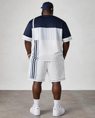 Big & Tall Men's Vertical Stripe Stitching Hanging Printed Crewneck Short Sleeve T-shirt Shorts Set