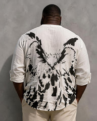 Big & Tall Men's Black And White Owl Art Graffiti Print Lt Collar Long Sleeve Shirt