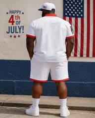 Big & Tall Men's Red And White Edge USA Flag Printed POLO Short Sleeve Shorts Set