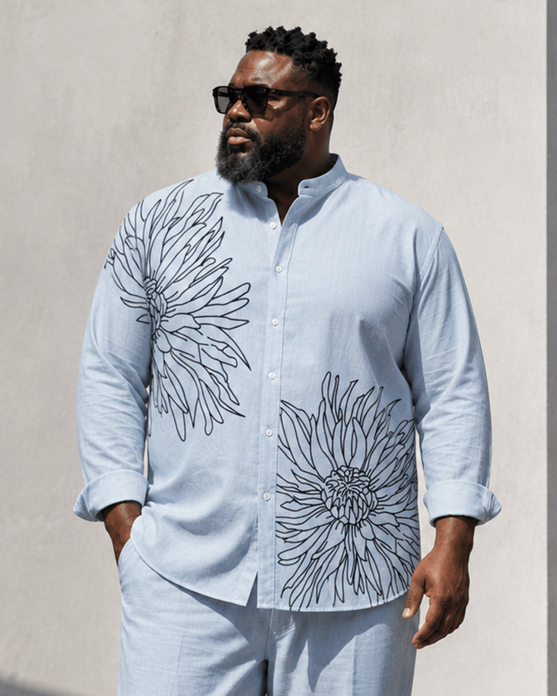 Big & Tall Men's Line Drawing Floral Print Stand Collar Long Sleeve Shirt Trousers Set