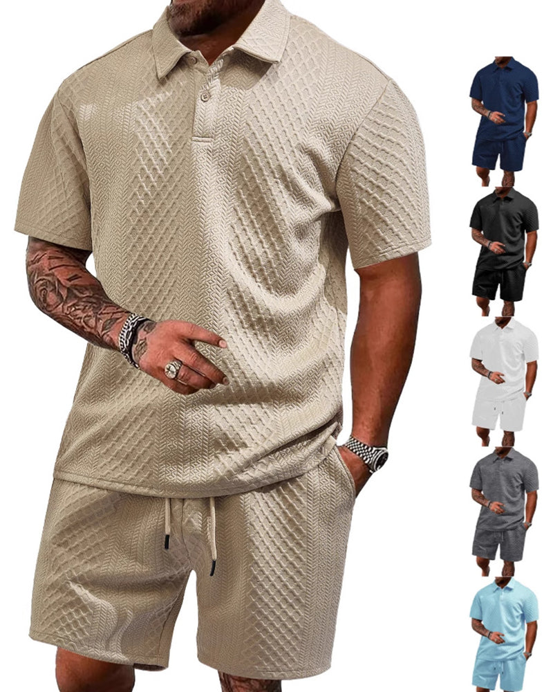 S-5XL Jacquard Men's Casual Sports Lapel Polo Shirt Short Sleeve Suit