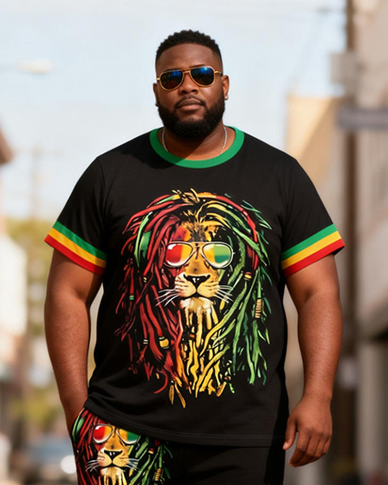 Big & Tall Men's Reggae Color Dirty Braid Lion King Printed Crewneck Short Sleeve T-Shirt Shorts Set