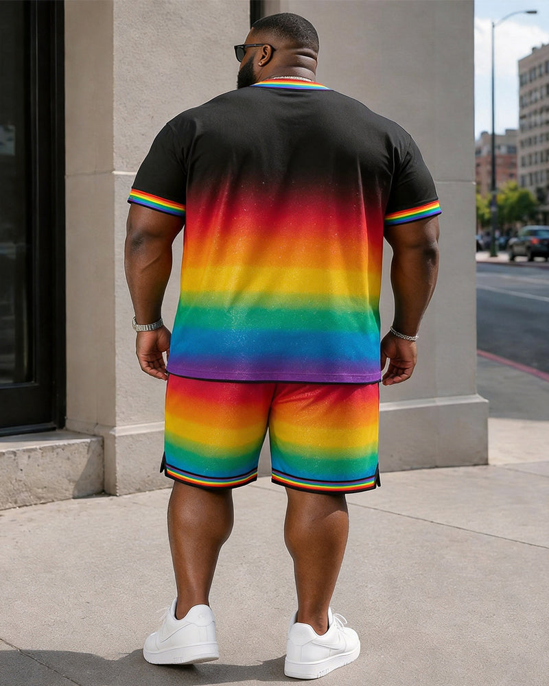 Big & Tall Men's Black Base Gradient Rainbow Love Wins Glitter Printed Round Neck Short Sleeve T-Shirt Shorts Set