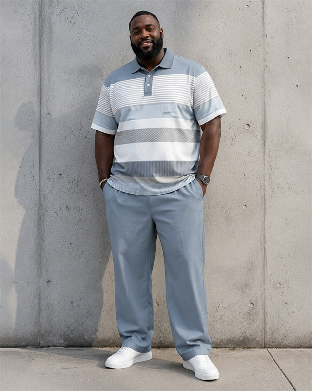 Big & Tall Men's Light Blue Gradient Horizontal Stripe Printed Polo Short Sleeve Trousers Set
