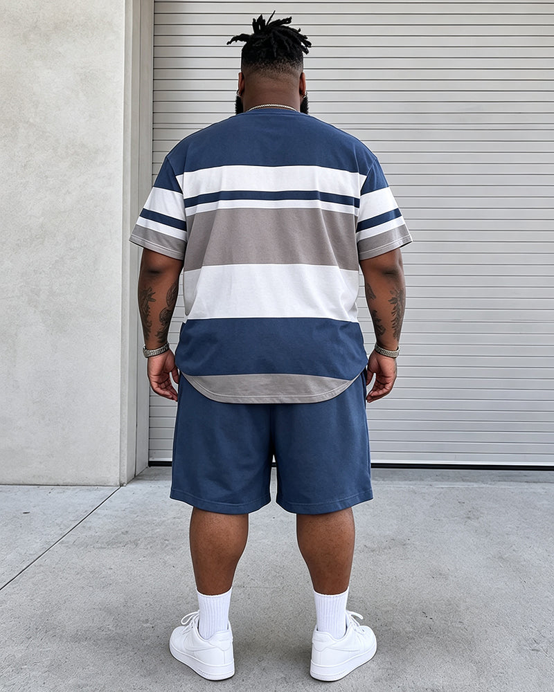 Big & Tall Men's Color Contrast Striped Flying Eagle Printed Crewneck Short Sleeve T-Shirt Shorts Set