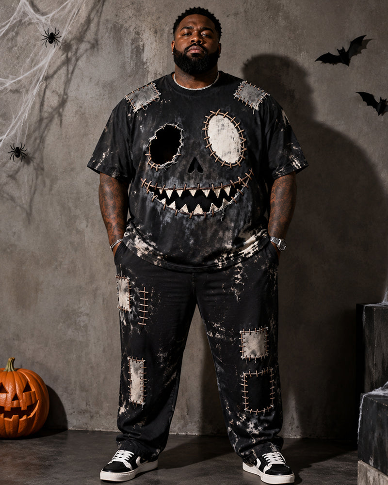 Big & Tall Men's Halloween Patch Ghost Print T-Shirt Pants Set