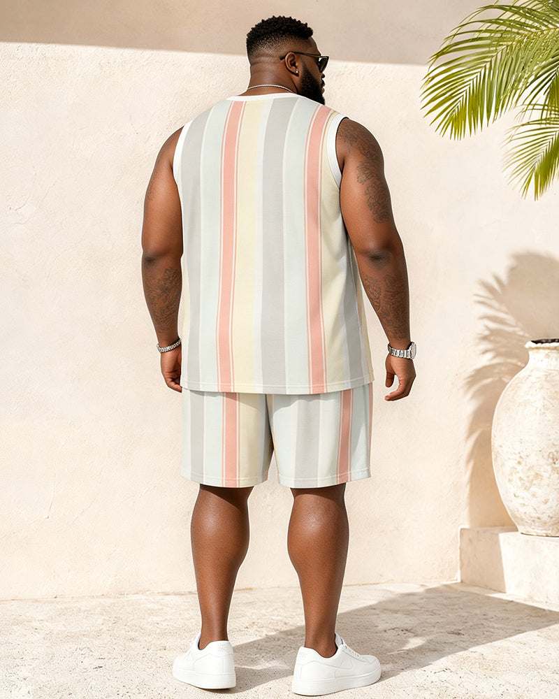 Big & Tall Men's Pink Gray Vertical Stripe Letter Print Vest Shorts Set