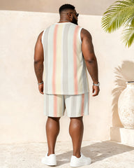 Big & Tall Men's Pink Gray Vertical Stripe Letter Print Vest Shorts Set