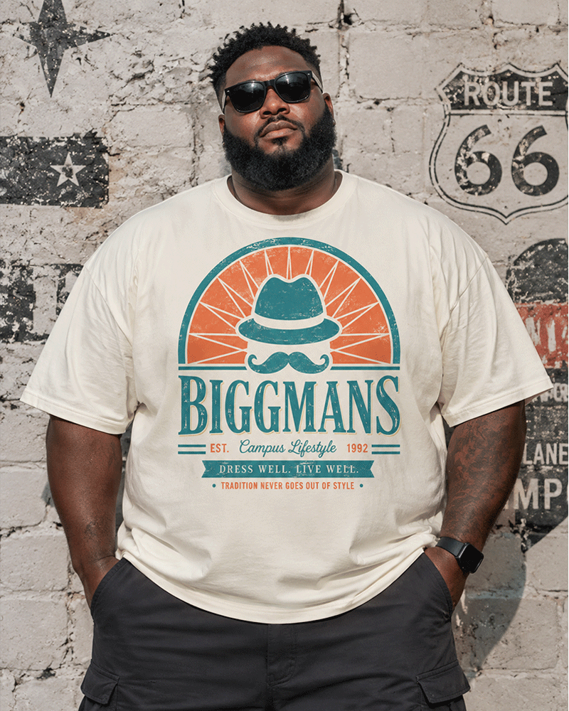 Big & Tall Men's Vintage Curved Sun Top Hat Printed Round Neck Short Sleeve T-Shirt