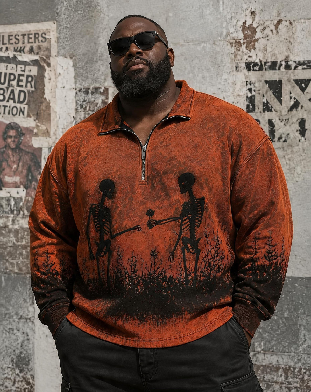 Big & Tall Men's Retro Skull Messenger Print Polo-Neck Zip-Up Long-Sleeve