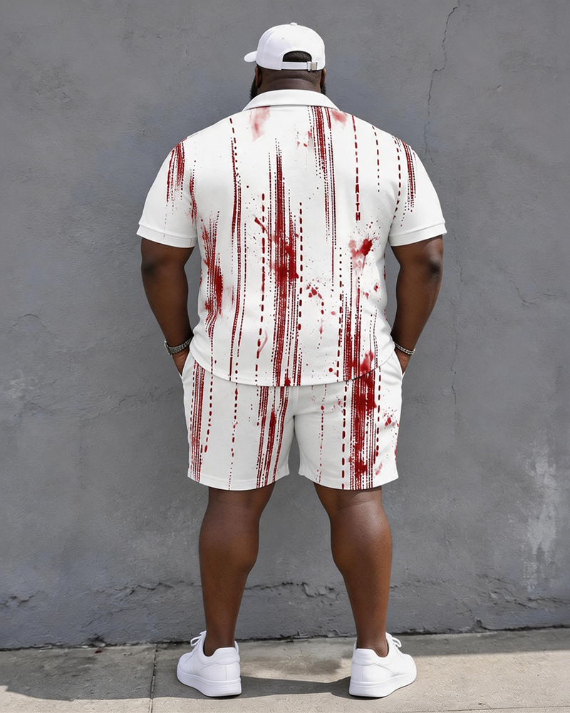 Big & Tall Men's Splash Ink Vertical Stripe FAITH Cross Print POLO Short Sleeve Shorts Set