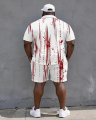 Big & Tall Men's Splash Ink Vertical Stripe FAITH Cross Print POLO Short Sleeve Shorts Set