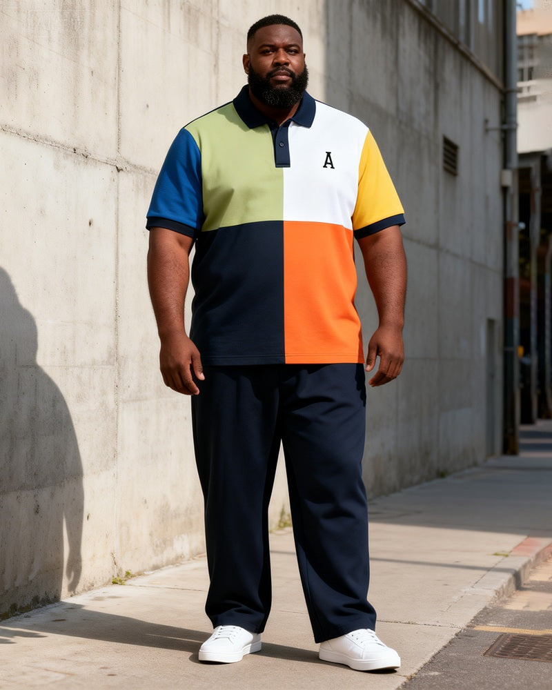 Big & Tall Men's Four-color Stitching A- Print Polo Short Sleeve Pants Set