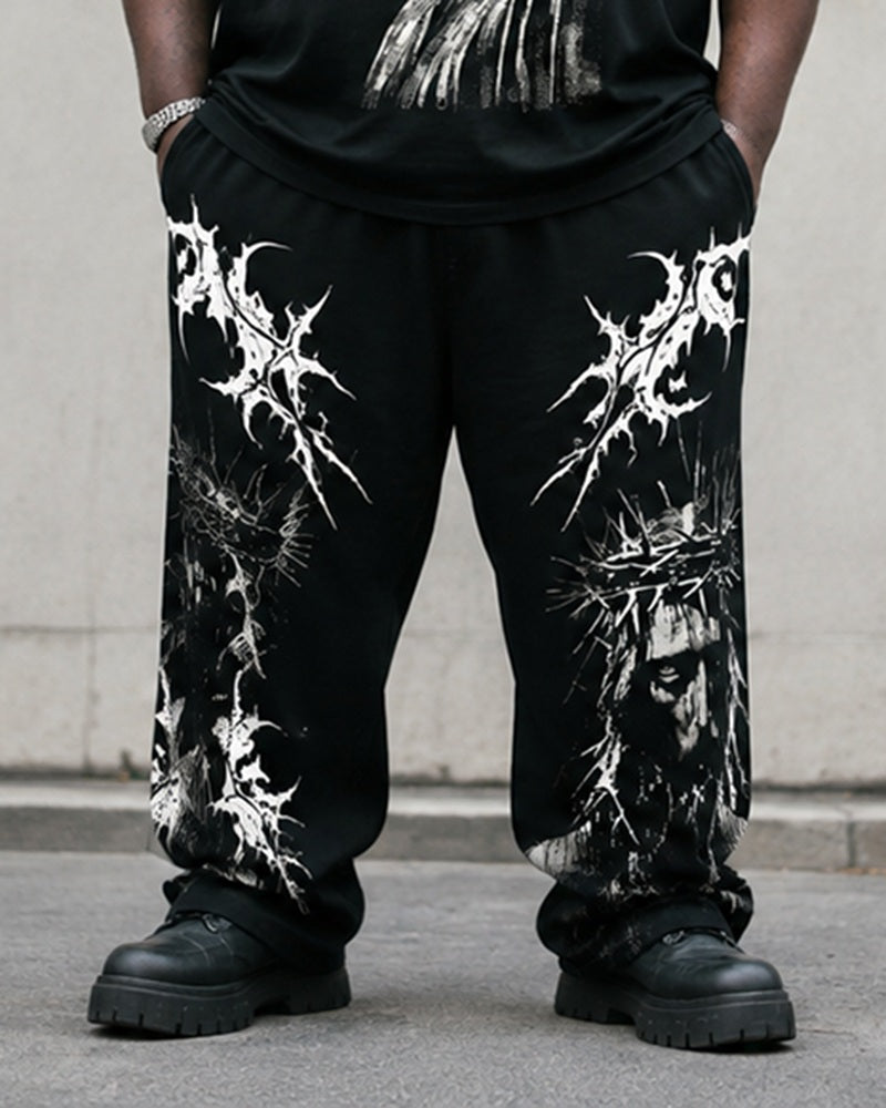 Big & Tall Men's Crown Of Thorns Jesus Head Printed T-Shirt Trousers Set