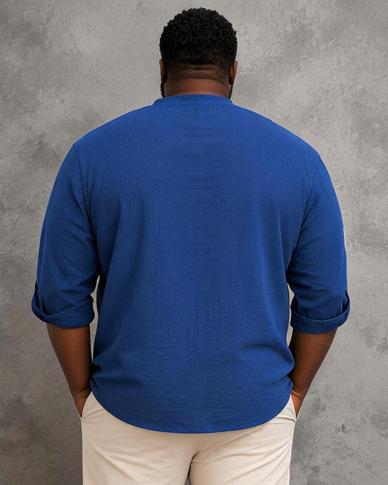 Big & Tall Men's Retro Distressed Cross Text Print Stand Collar Long Sleeve Shirt