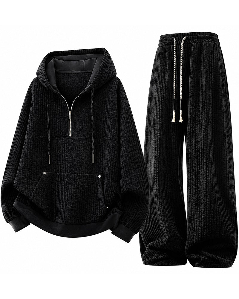 M–8XL Plus‑Size Men’s Houndstooth Half‑Zipped Hoodie Set