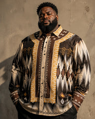 Big & Tall Men's Brown And Yellow African Tribal Geometric Print Long Sleeve Shirt