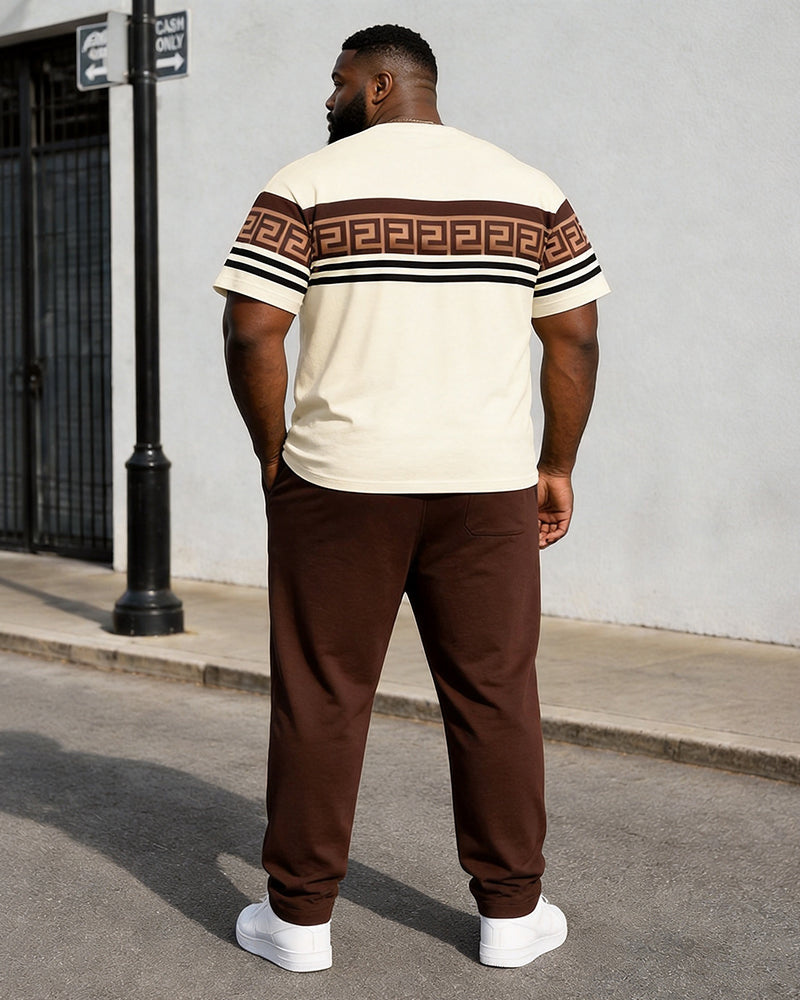 Big & Tall Men's Off-white Contrast Striped Printed T-shirt Trousers Set