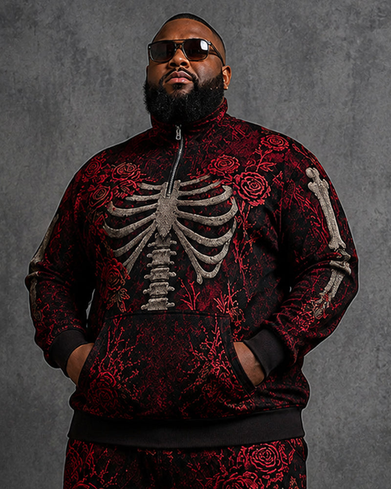 Big & Tall Men's Halloween Rose Skull Print Half Zip Sweat Set