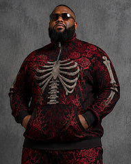 Big & Tall Men's Halloween Rose Skull Print Half Zip Sweat Set