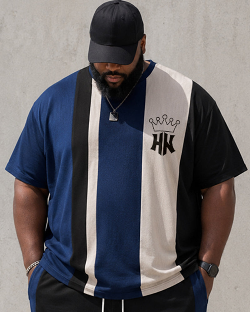 Big & Tall Men's Blue And White Vertical Stripe Crown Printed Round Neck Short Sleeve T-Shirt Shorts Set