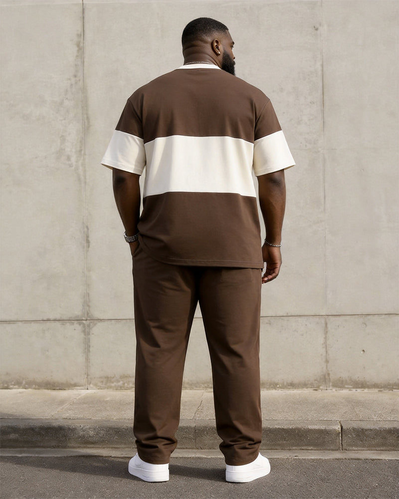 Big & Tall Men's Brown And White Contrast Striped Printed T-Shirt Pants Set