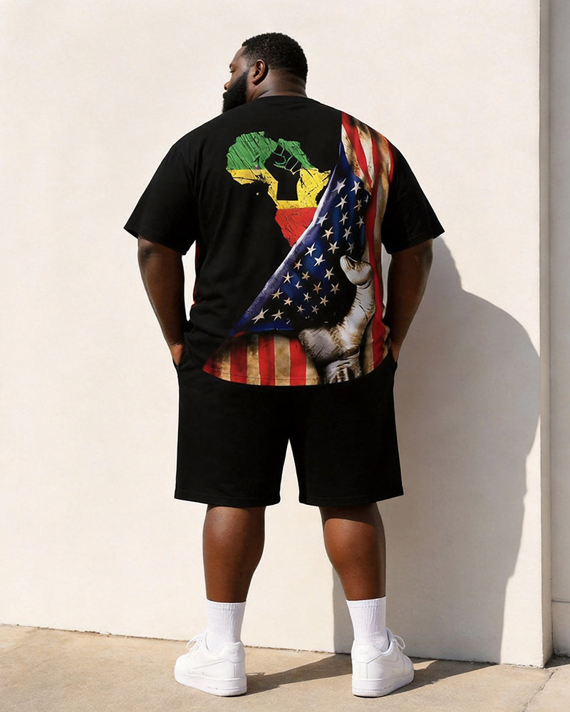 Big & Tall Men's Reggae Color Matching African Map Fist American Flag Printed Crewneck Short Sleeve T-Shirt Shorts Set