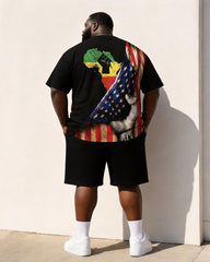 Big & Tall Men's Reggae Color Matching African Map Fist American Flag Printed Crewneck Short Sleeve T-Shirt Shorts Set
