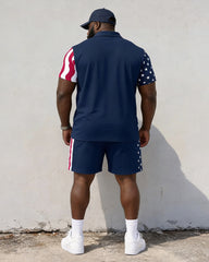 Big & Tall Men’s Striped USA Letter-Print Polo Shirt And Shorts Set
