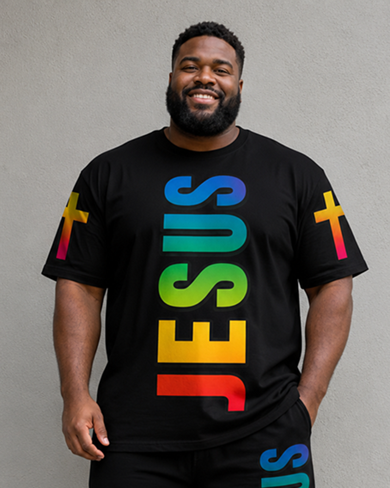 Big & Tall Men's JESUS Rainbow Gradient Print Round Neck Short Sleeve T-Shirt Shorts Set