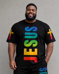 Big & Tall Men's JESUS Rainbow Gradient Print Round Neck Short Sleeve T-Shirt Shorts Set