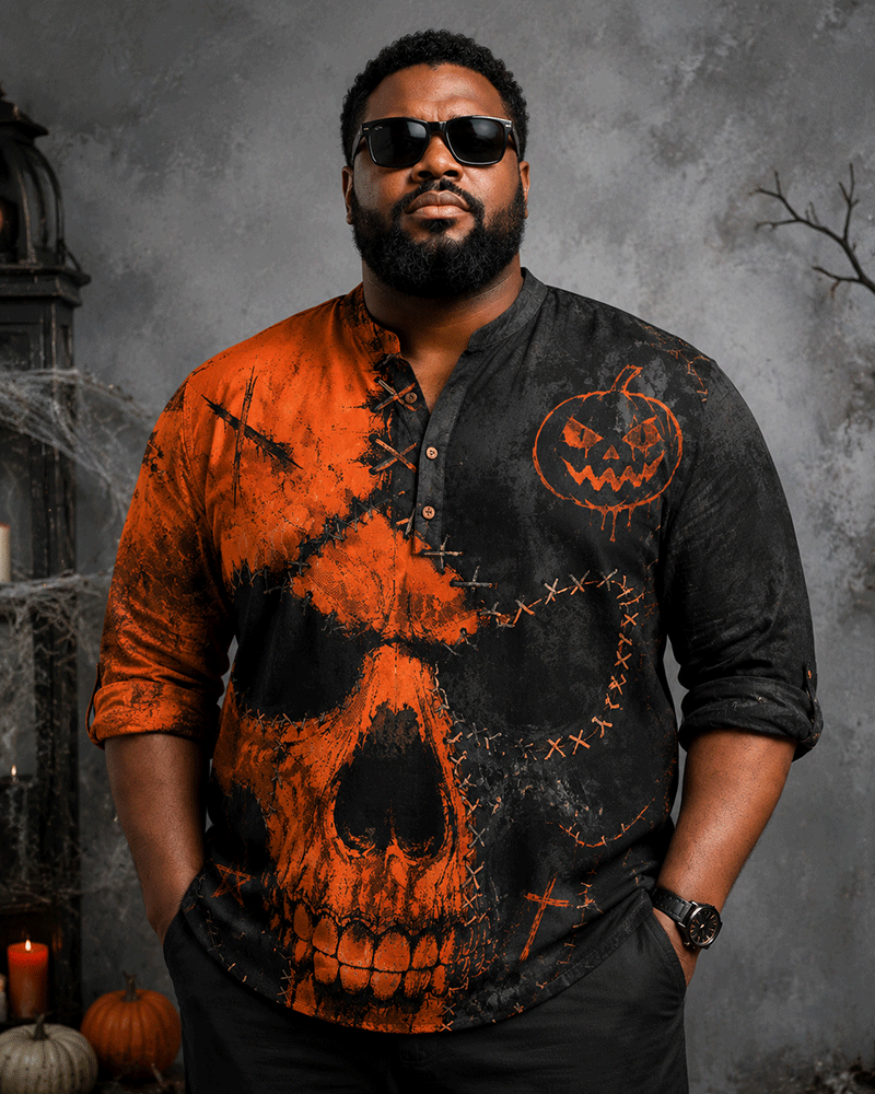 Big & Tall Men's Orange Black Tear Skull Pumpkin Printed Collar Long Sleeve Shirt