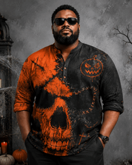 Big & Tall Men's Orange Black Tear Skull Pumpkin Printed Collar Long Sleeve Shirt