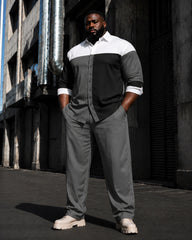 Big & Tall Men's Three-color Stitching Contrast Printed Long Sleeve Shirt Trousers Suit