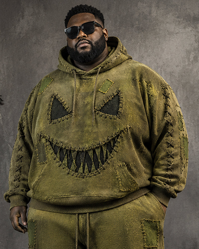 Big & Tall Men's Distressed Patch Demon Smiley Print Hoodie Set