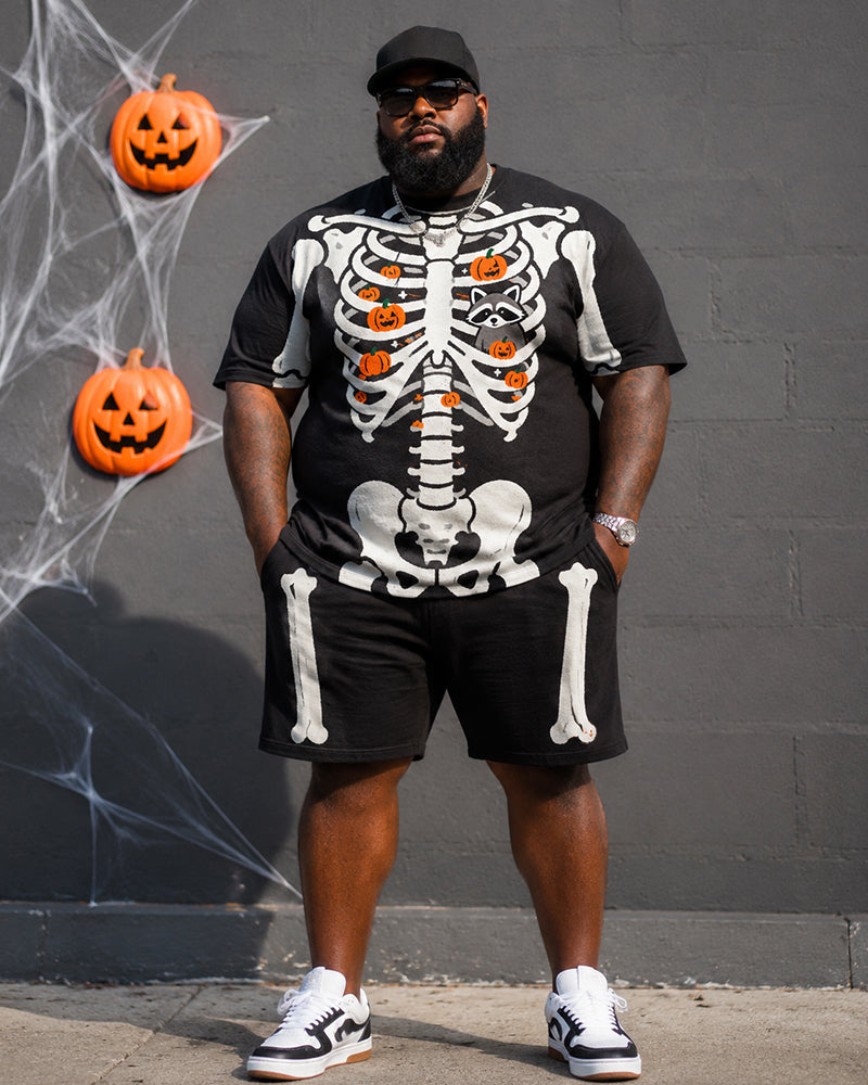 Big & Tall Men's Skeleton Chest Pumpkin Raccoon Print Round Neck Short Sleeve T-Shirt Shorts Set