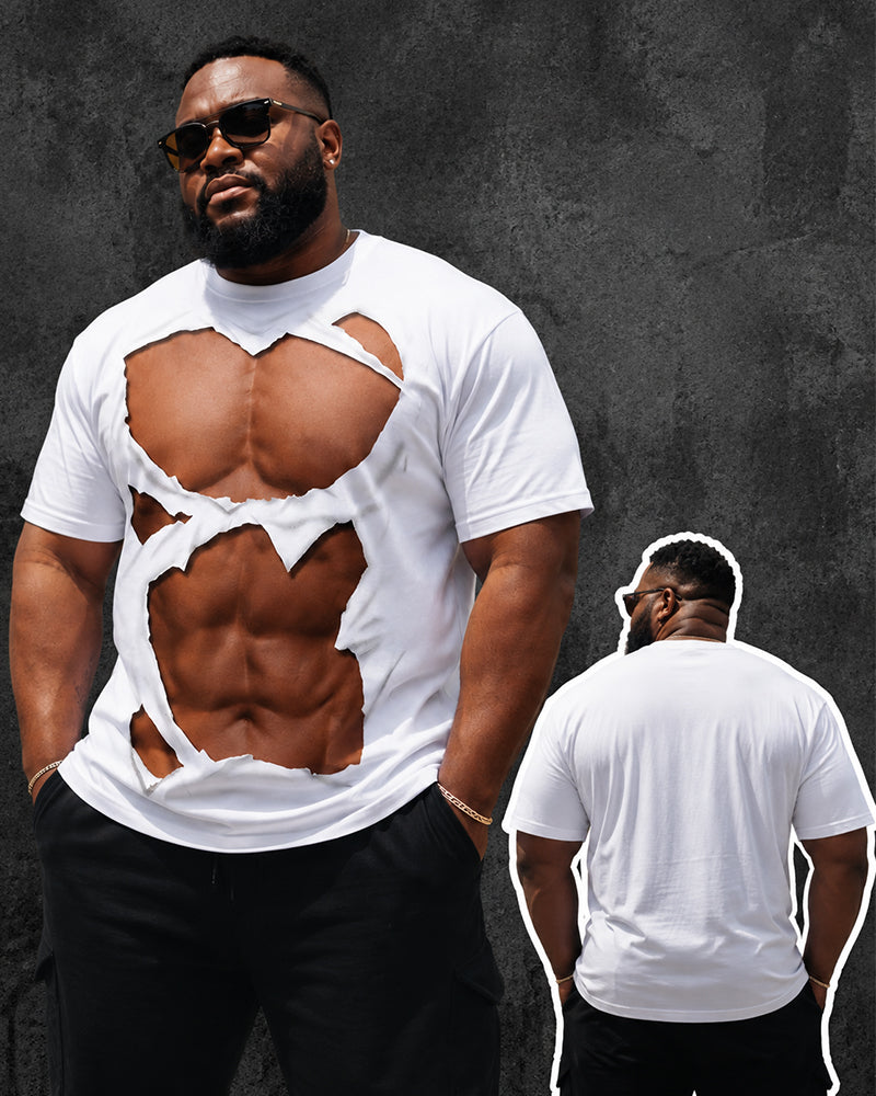 Big & Tall Men's Fake Hole Tear Realistic Abs Stereo Fun Printed Round Neck Short Sleeve T-shirt
