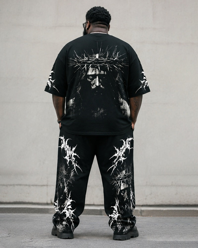 Big & Tall Men's Crown Of Thorns Jesus Head Printed T-Shirt Trousers Set