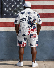 Big & Tall Men's Whitehead Sea Eagle 250 Anniversary Star Strip Fireworks Print POLO Short Sleeve Shorts Set