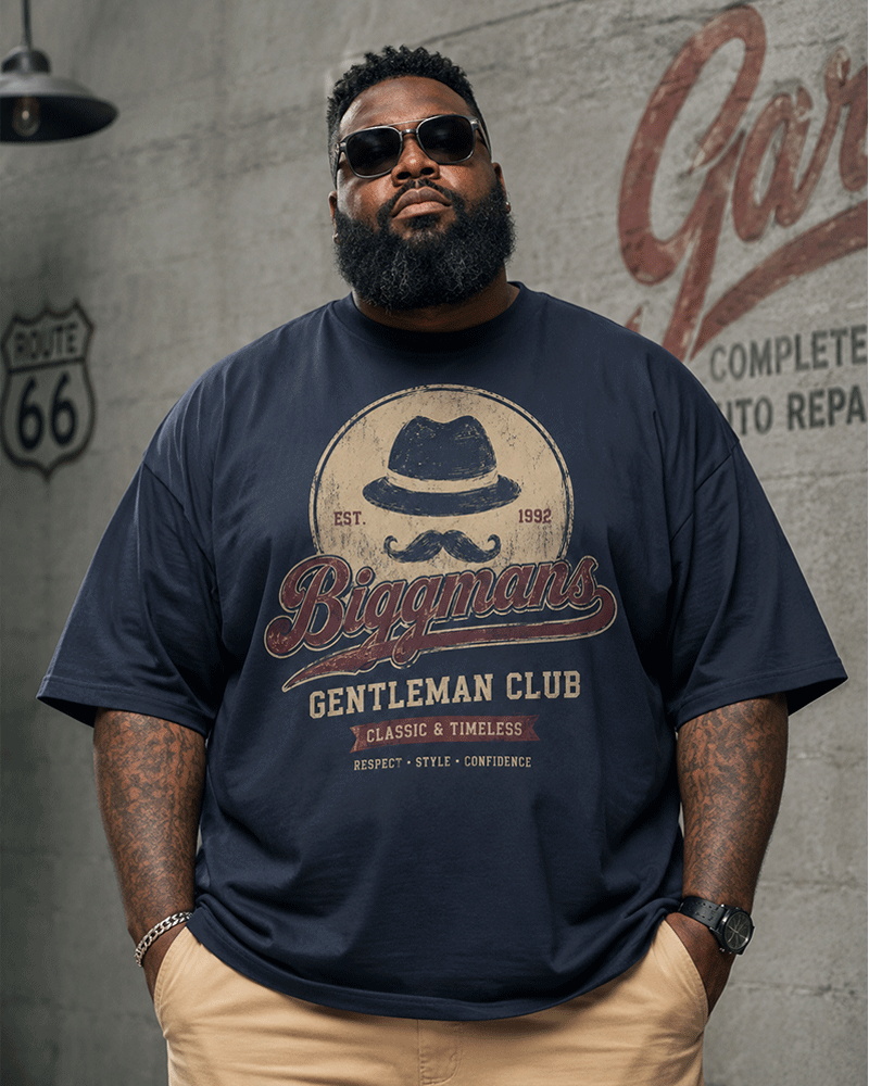 Big & Tall Men's Vintage Gentleman Top Hat Beard Printed Round Neck Short Sleeve T-Shirt
