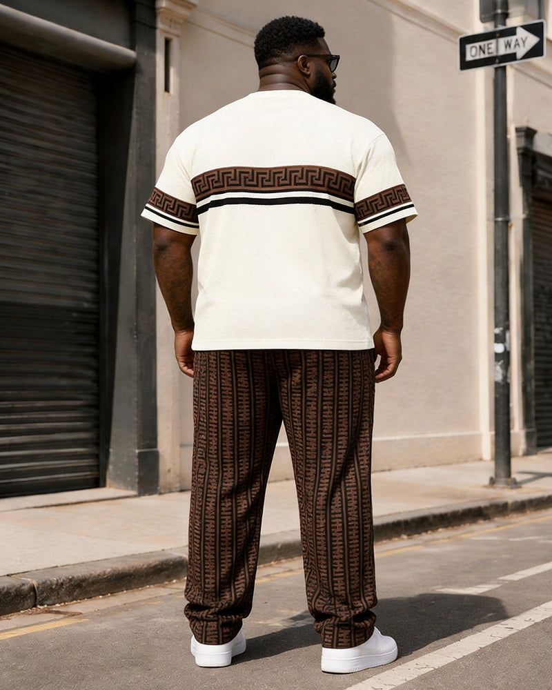 Big & Tall Men's White Brown Stitching Printed T-shirt Trousers Suit