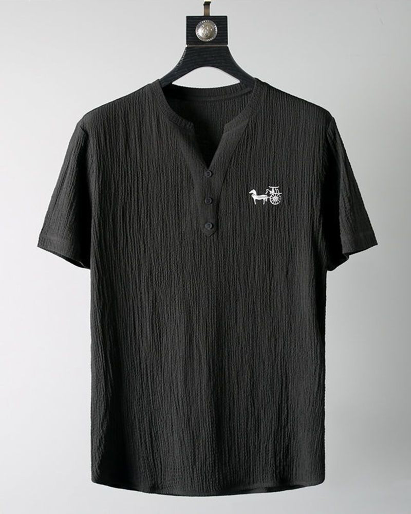 M-4XL Pleated Texture Henley Carriage Embroidered Short Sleeve Pants Set